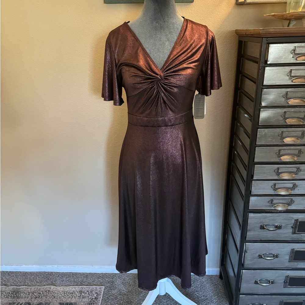 BNWT Superfoxx Burgundy Shimmer Twist Front Party Dress, Flutter Sleeves, Size S